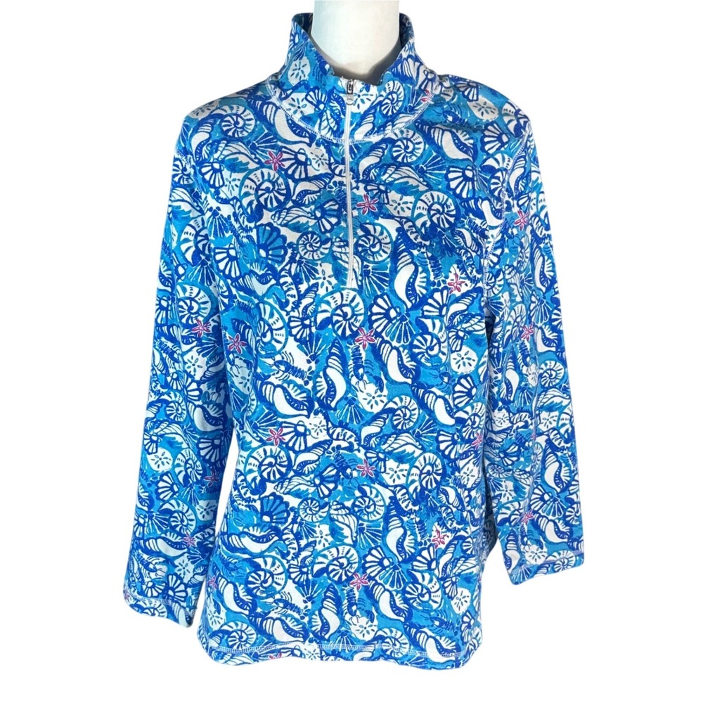 Talbots Pullover Women 1X Blue Seashell Print Quarter Zip Hello Saturday!
